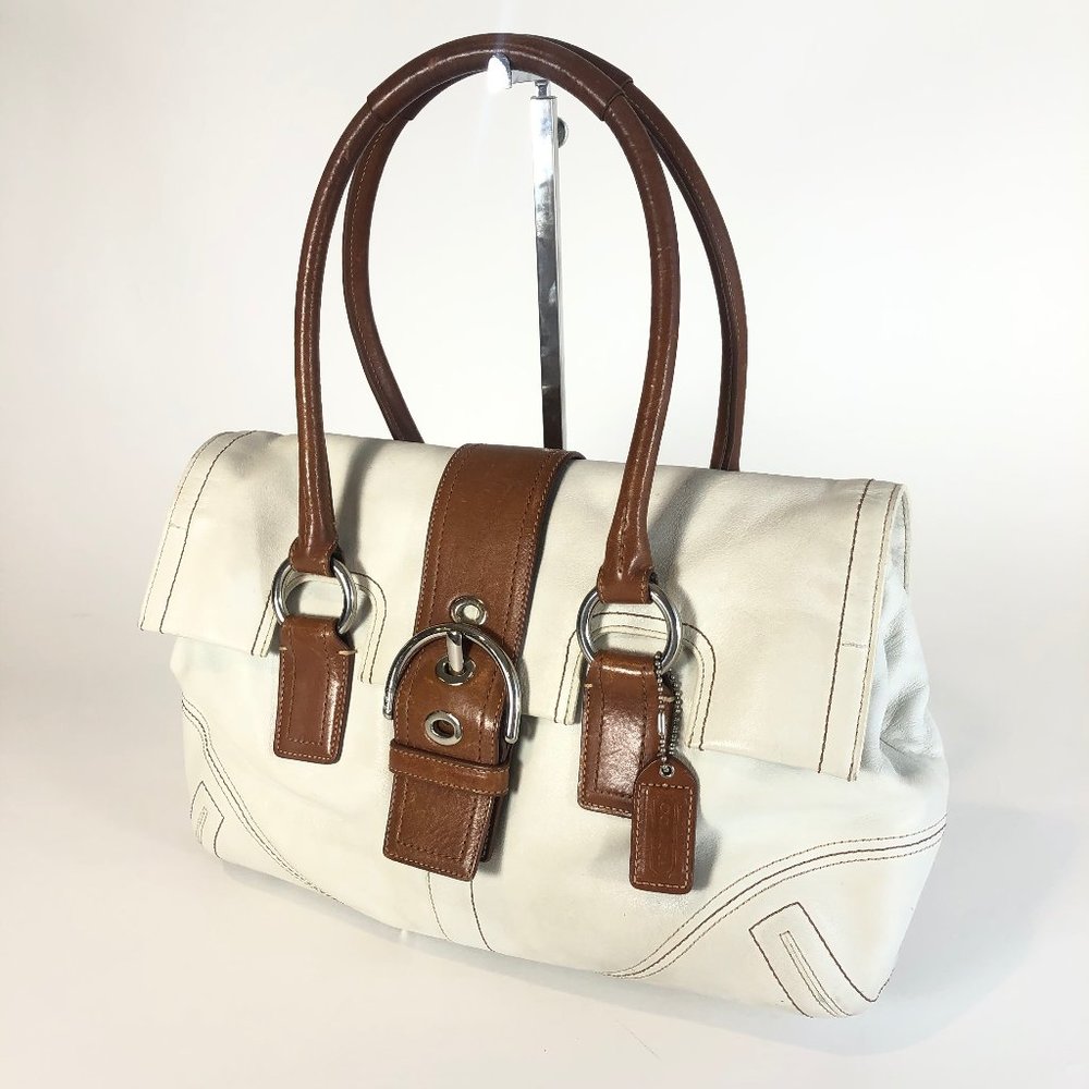 Coach Hampton Soho Leather White Tan Flap Satchel - Picture 1 of 8